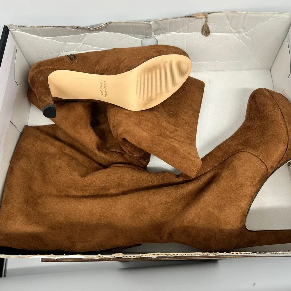 Nine West Cognac Brown Faux Suede Over The Knee Platform Boots Wide Calf 7.5M-WC
